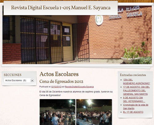 Presentamos en sociedad el peri&oacute;dico escolar de esta instituci&oacute;n mendocina que viene publicando sus noticias desde el a&ntilde;o pasado utilizando la plataforma WordPress. &iexcl;Nuestras felicitaciones a la profesora Angeles Zuccatto y a todo el equipo de docentes y alumnos!Ingresar a Revista Digital Escuela I-015 