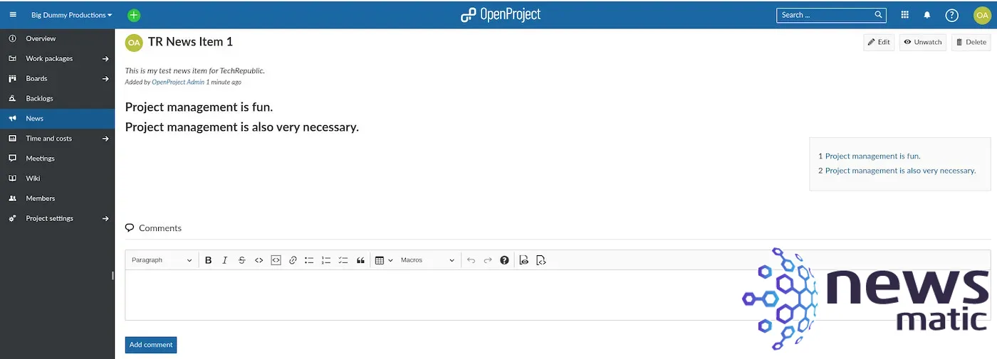 Cómo utilizar la función de noticias de OpenProject para mantener a tu equipo informado - Software | Imagen 5 Newsmatic